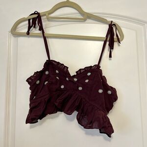 Free people intimately Embellished Burgundy Cropped Ruffle Top size XS